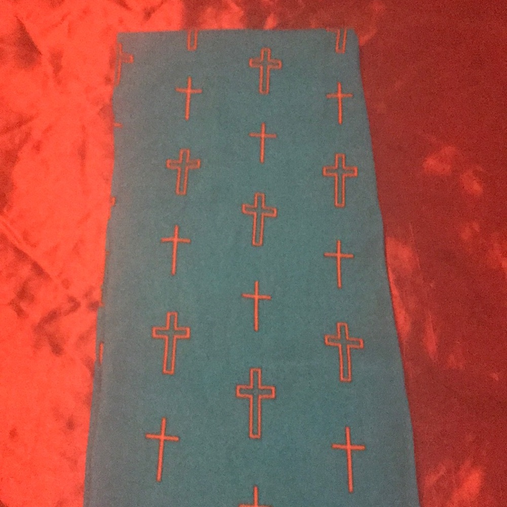 Cross scarf, teal w/ orange crosses